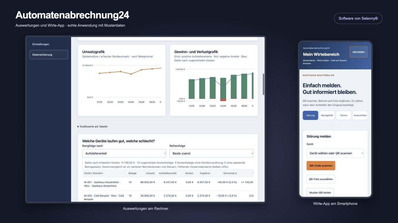 App-Ansichten: Automatenabrechnung24