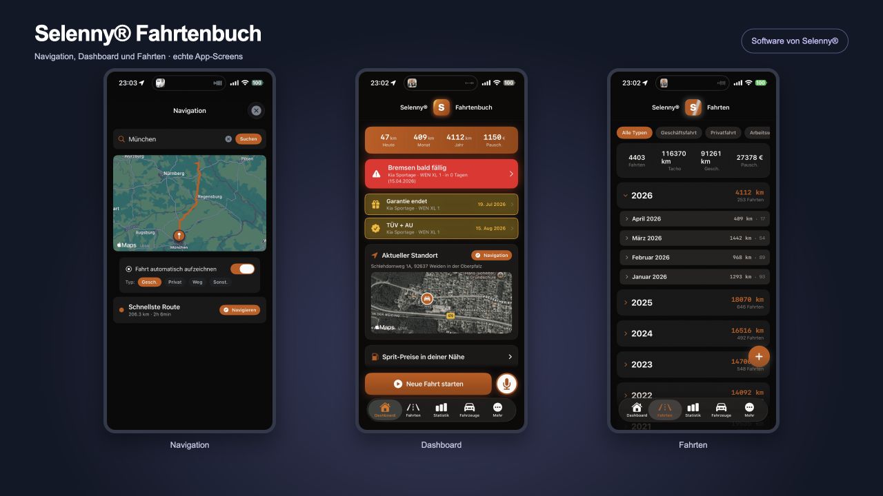 App-Ansichten: Selenny® Fahrtenbuch